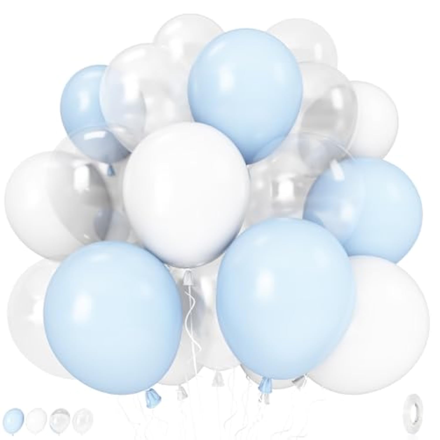 Pastel Blue And White Balloons, 12 Inch 35Pcs Light Baby Blue Pearl White With Clear Latex Balloon For Boys Birthday Bachelorette Party Bridal Baby Shower Winter Holiday Party Decorations Supplies