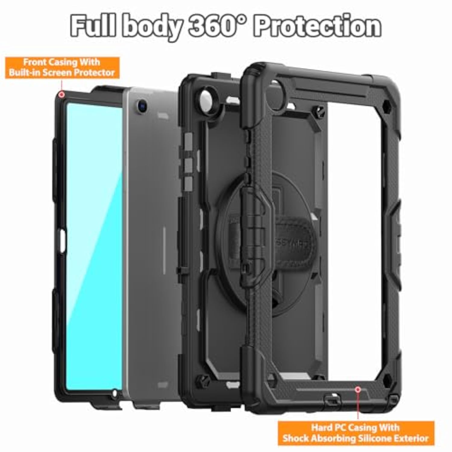 Case For Samsung Galaxy Tab A9+/ A9 Plus Case 11" 2023 (Smx210/X216/X218), Heavy Duty Shockproof Protective Case With Screen Protector, Rotating Stand And Hand/Shoulder Strap, Black
