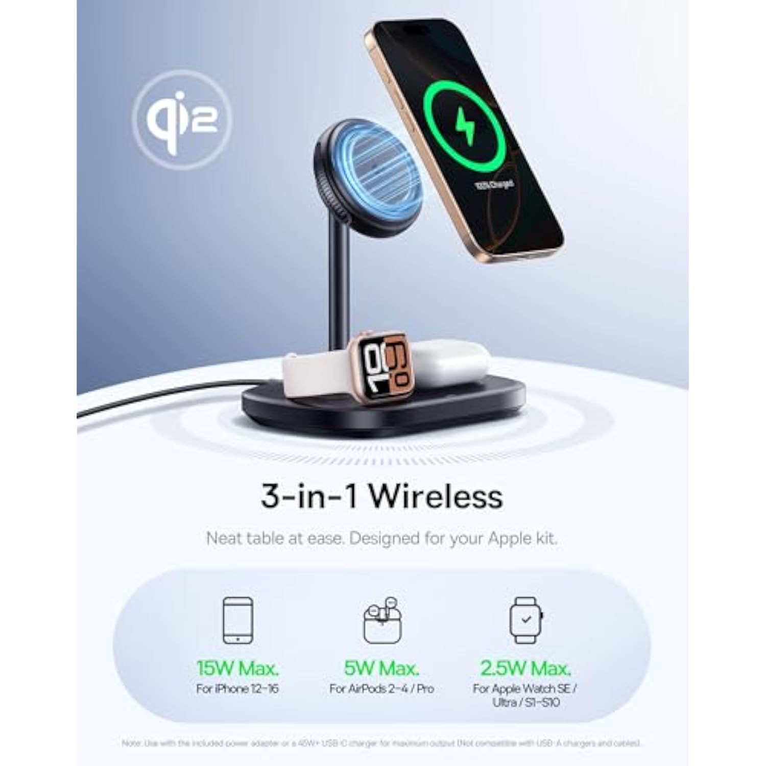 Baseus 3 in 1 Wireless Charger Stand, Qi2 Certified 15W Cooling Magnetic Charging Station, MagSafe-Compatible iPhone Charger for iPhone12-15 Series, Apple Watch, AirPods - 45W Adapter Included