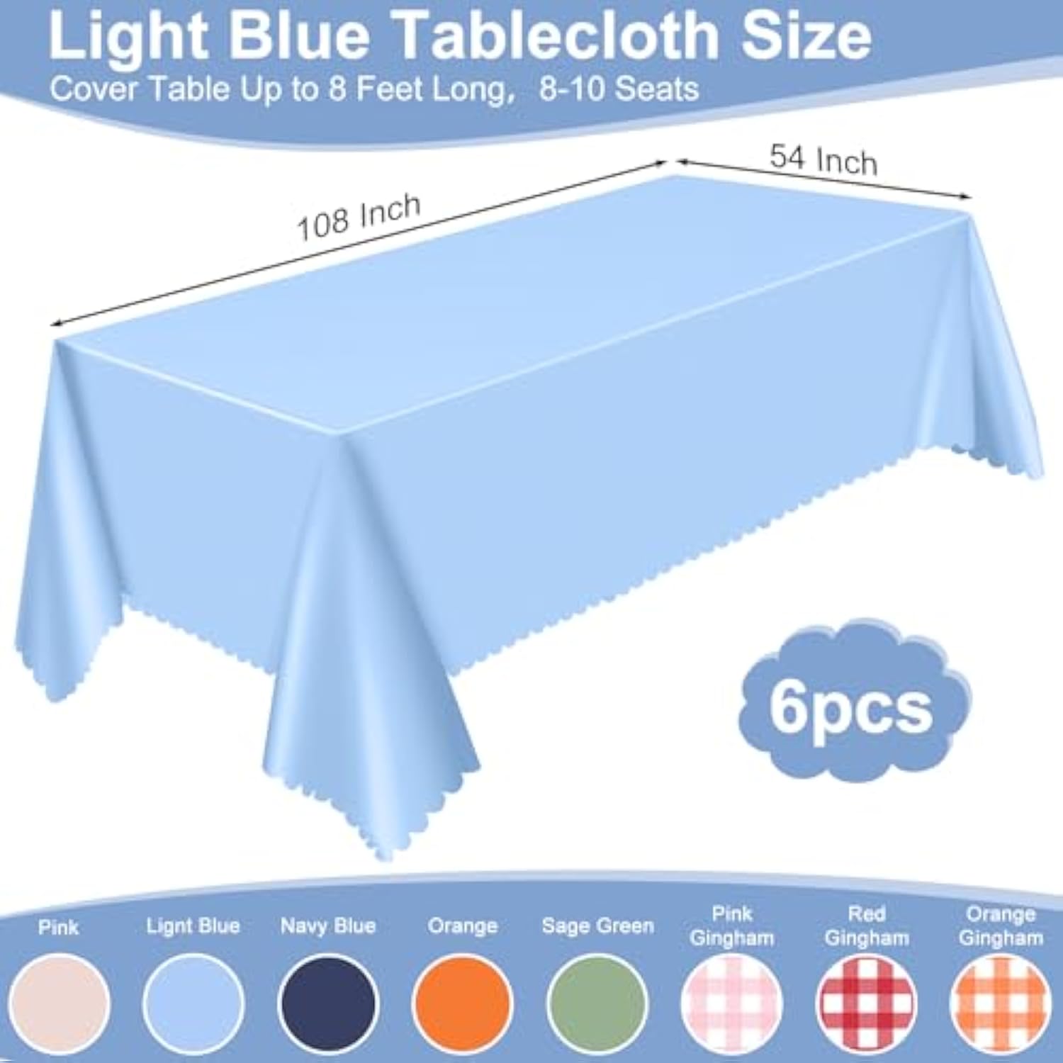 6 Light Blue Scalloped Tablecloths, 54x108" Disposable Covers for Parties