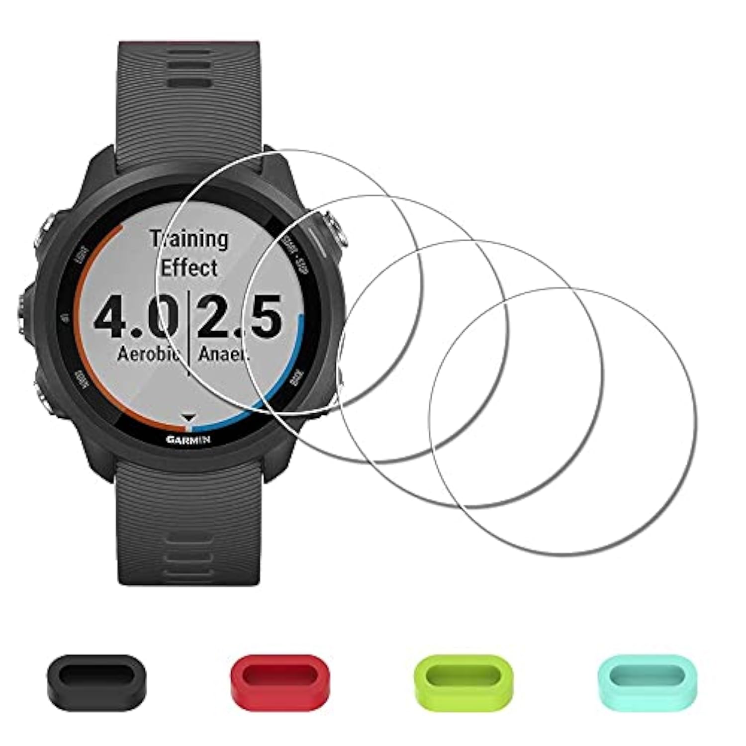 [4 Pack] Screen Protector For Garmin Forerunner 245 Music / 245 Smartwatch + Silicone Antidust Plugs Tempered Glass Antiscratch Bubblefree