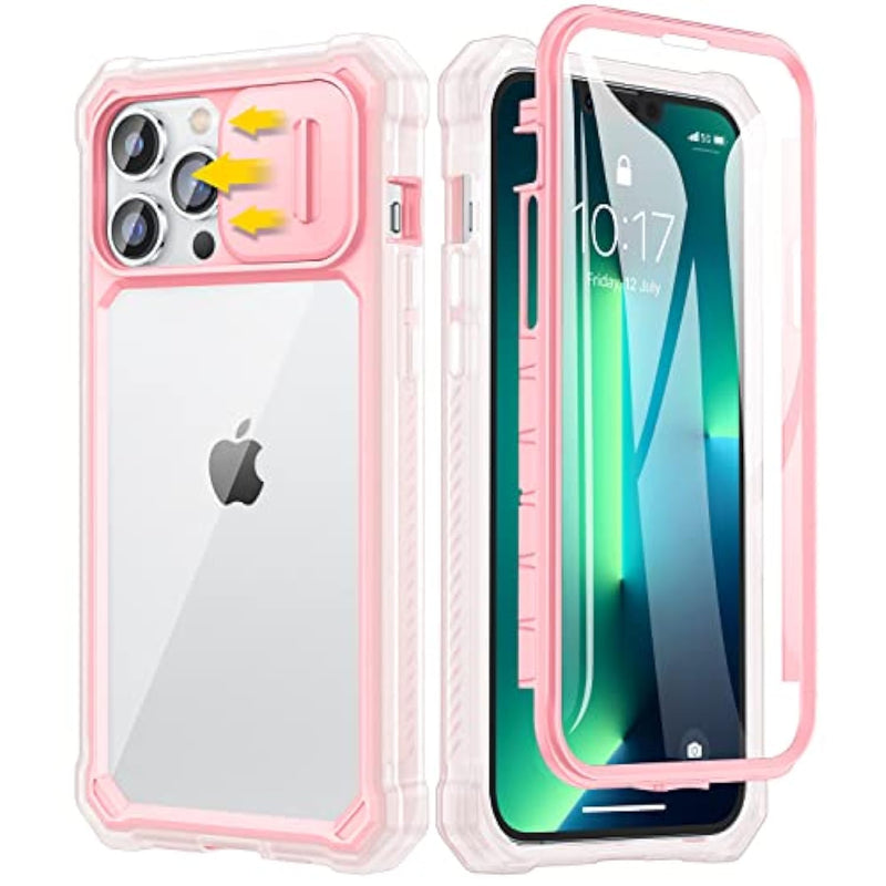 For 13 Pro Max Phone Case, 12 Pro Max Case With Slide Camera Cover & Built-In Screen Protector Heavy Duty Shockproof Phone Case Cover For 13 Pro Max 12 Pro Max 6.7, Pink