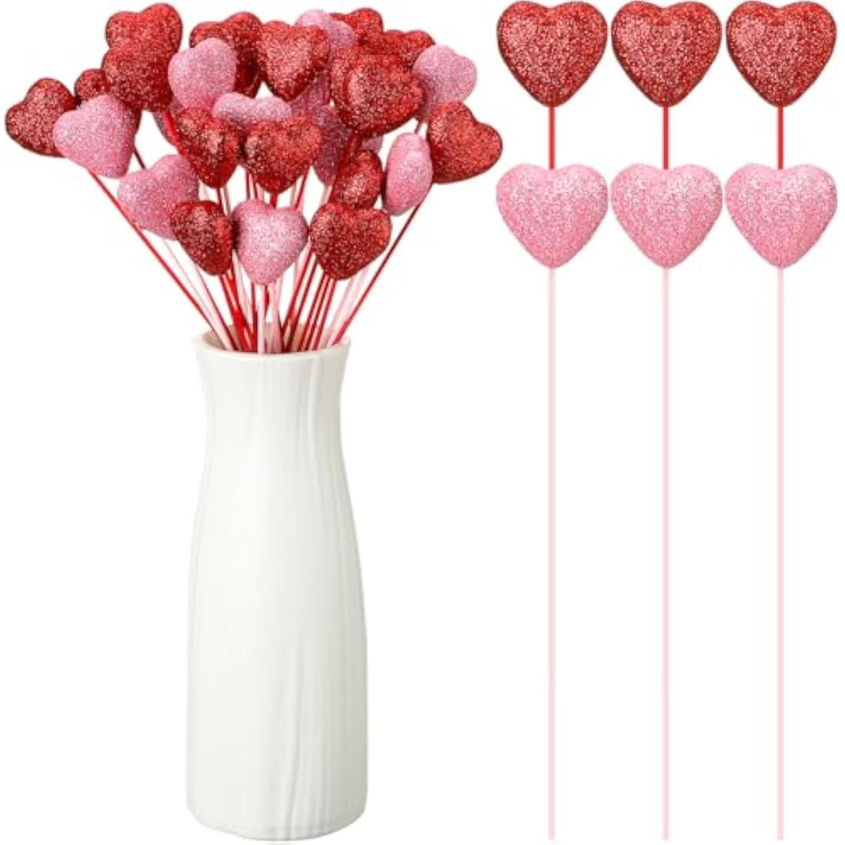 6 Pcs Valentine'S Day Glitter Foam Hearts Sticks Foam Heart Picks Sparkly Hearts Stems Puffy Heart Wooden Picks For Valentine Wedding Decorations Flower Arrangements Crafts (Red,Pink)