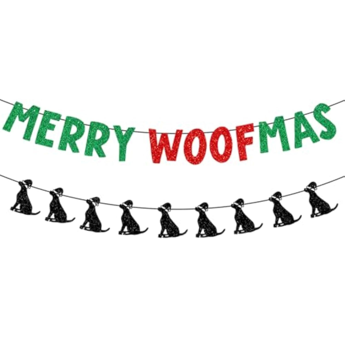 Glittery Merry Woofmas Banner With Dog Wear Santa Hat Signs Green Red Merry Christmas Fireplace Wall Garland Xmas Holiday Party Decorations