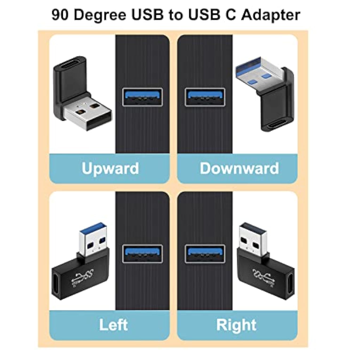 90 Degree Usb To Usb C Adapter (4 Pack), Vertical Up And Down Angle, Horizonta