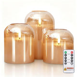 Glass Flameless Candles, Battery Operated Plliar Candles Realistic Flickering, Led Electric Light With Remote And Timer For Home, Christmas Decoration, Gold, Set Of 3