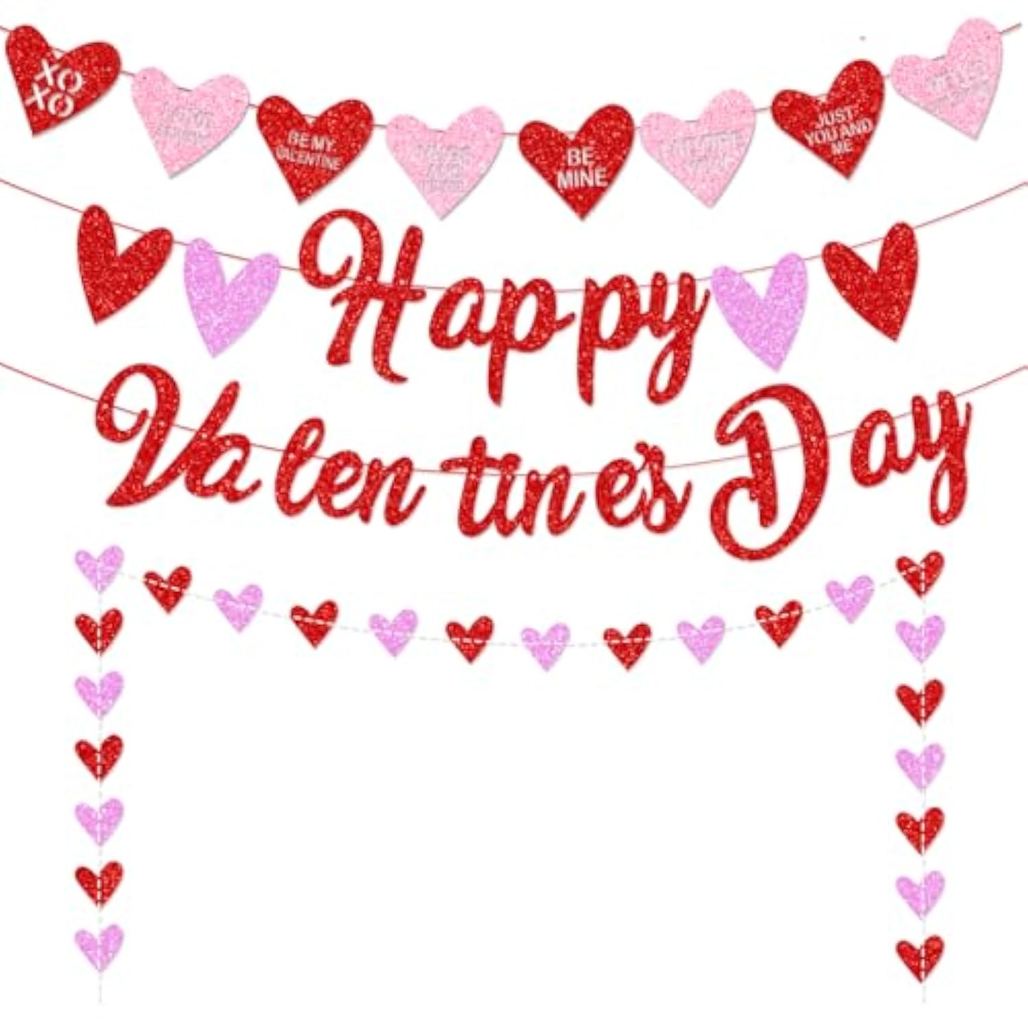 Red Glittery Valentine Party Decor - Banner, Garland, Photo Props & Heart Decorations For Fireplace & Wedding Anniversary Celebrations