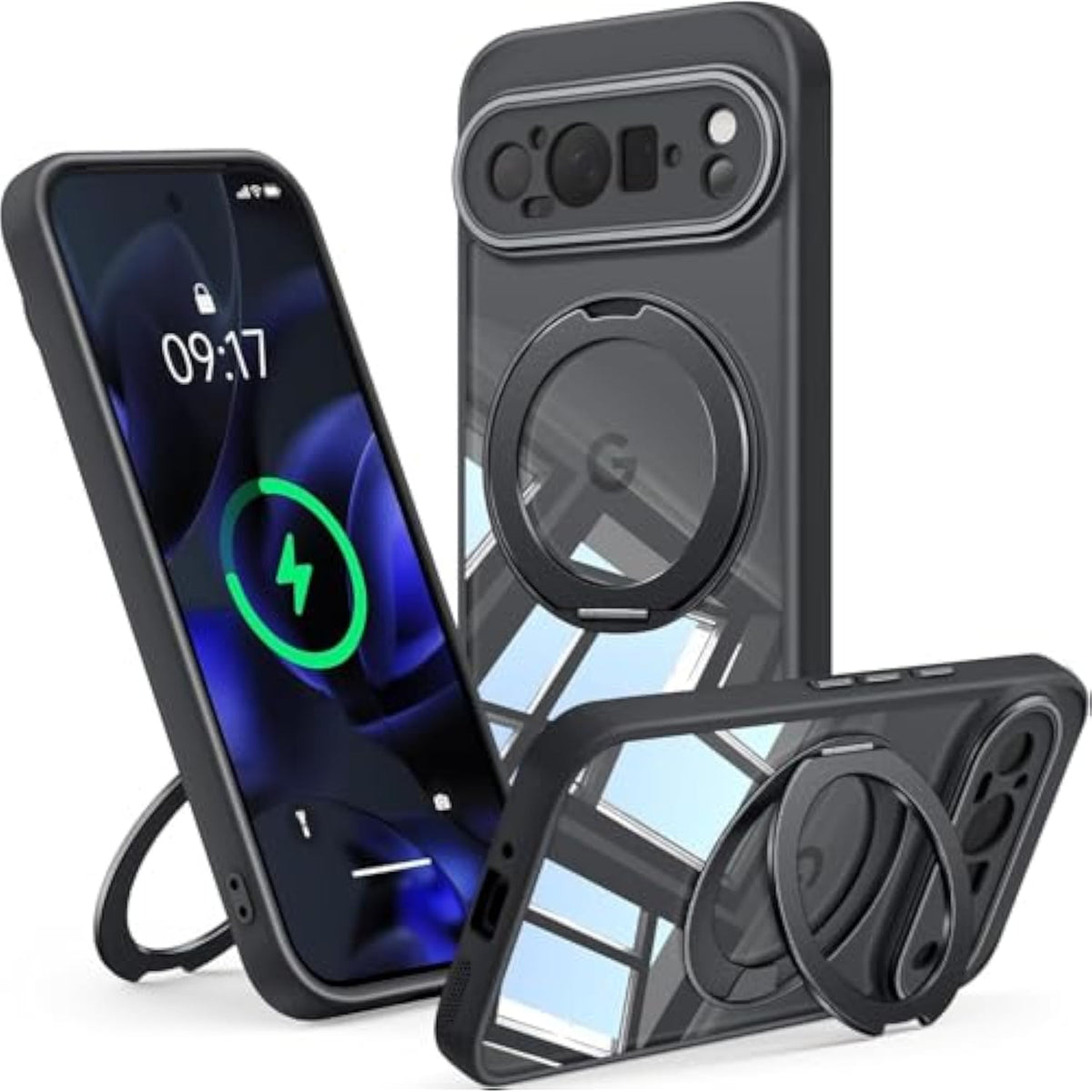 360 Degree Spin Magnetic Stand Case for Google Pixel 9 Pro XL, Fits MagSafe and Pixelsnap, Ring Holder, Crystal Clear Camera Protection Phone Case, Black