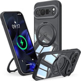 360 Degree Spin Magnetic Stand Case for Google Pixel 9 Pro XL, Fits MagSafe and Pixelsnap, Ring Holder, Crystal Clear Camera Protection Phone Case, Black