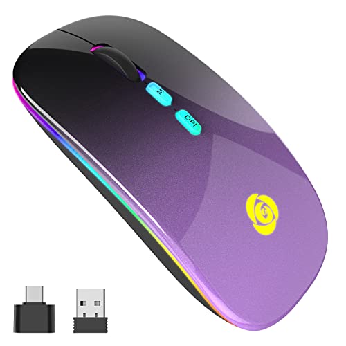 Led Wireless Mouse, Bluetooth Mouse &2.4Ghz Instant Connection,Rechargeable Ultra Silent Slim,3 Dpi 2 Connection Modes With Usb-C To Usb Adapter For Laptop/Macbook/Pc/Tablet/Ipad (Black-Purple)