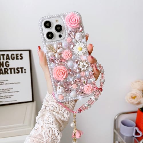 Bling Diamond Case for Google Pixel 10 Pro XL with Pearl Bracelet Strap Cover,Pink 3D Sparkly Shiny Crystal Rhinestones Flower Girly Shockproof Phone