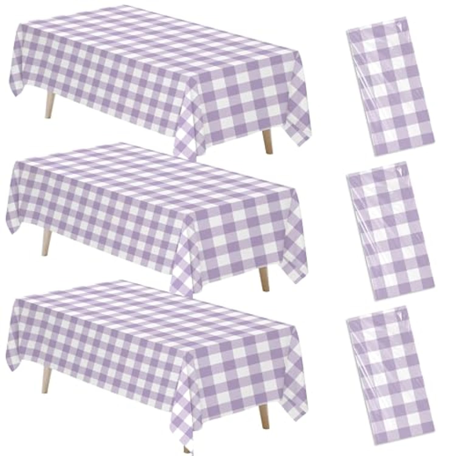Light Purple Gingham Party Tablecloth Decorations, 3 Pack Purple Checkered Disposable Plaid Party Supplies Tablecover, For Birthday Baby Shower Bridal Wedding, 55In X 86In