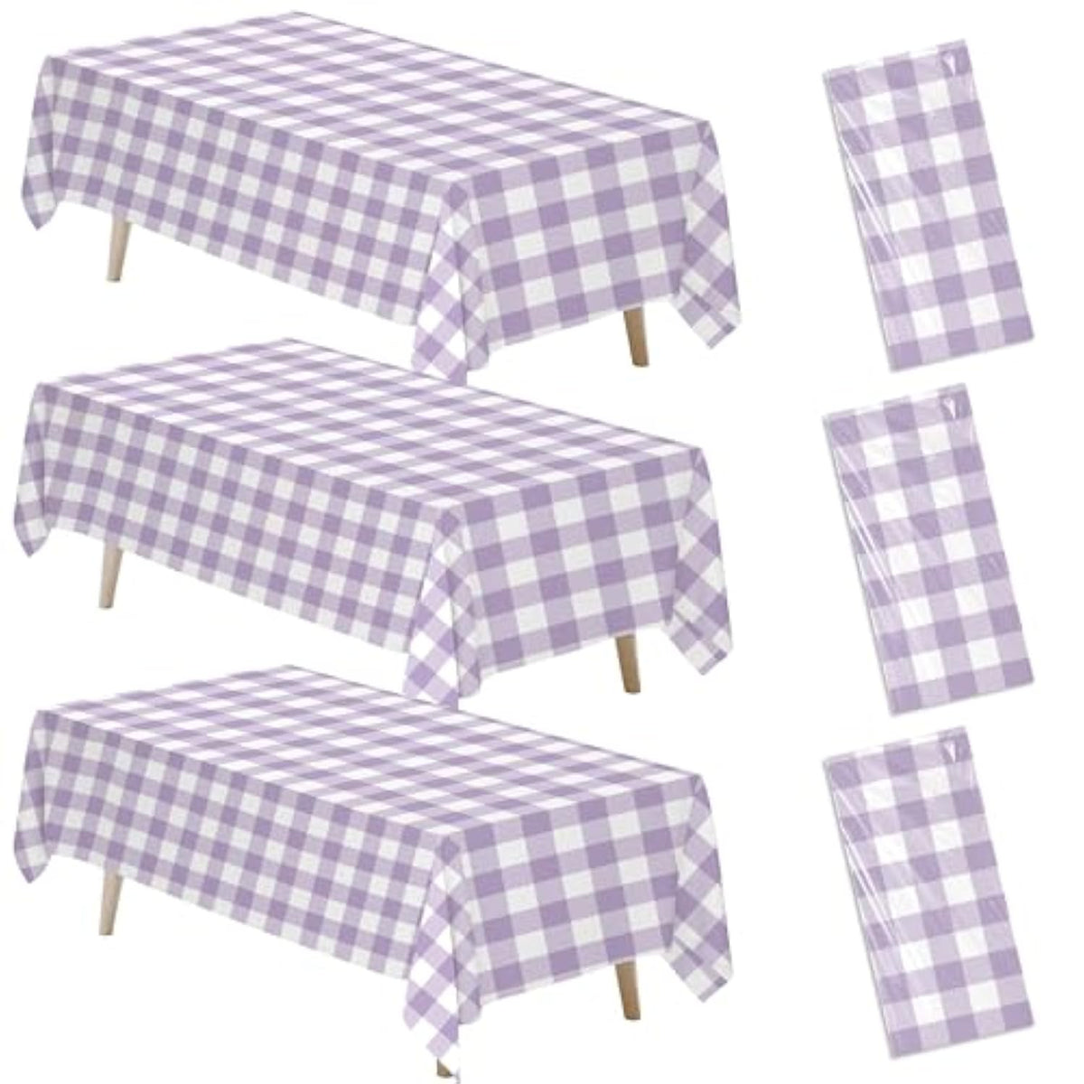 Light Purple Gingham Party Tablecloth Decorations, 3 Pack Purple Checkered Disposable Plaid Party Supplies Tablecover, For Birthday Baby Shower Bridal Wedding, 55In X 86In