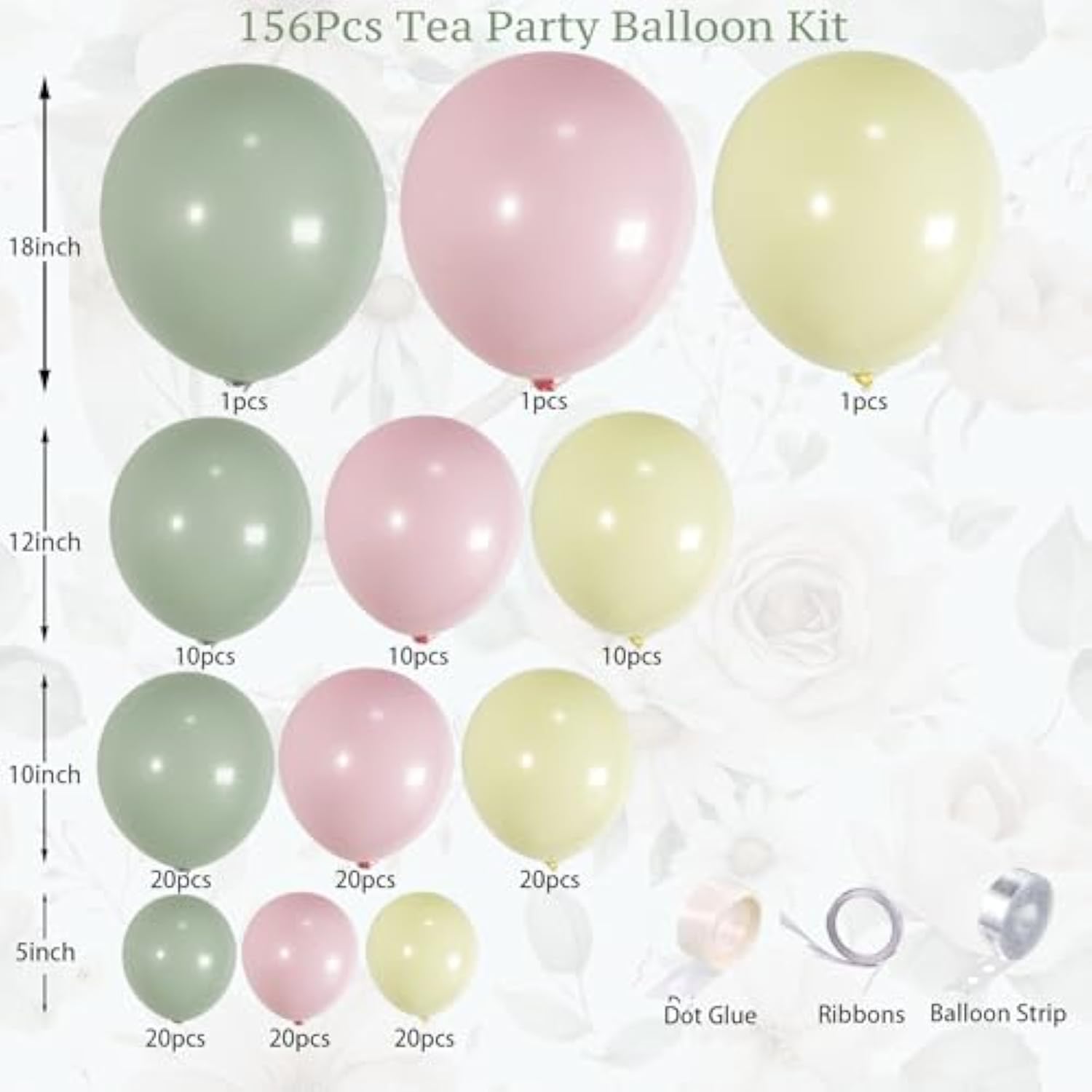 156Pcs Tea Party Balloon Arch Garland Kit With Pastel Green Yellow Pink Balloons For Baby Shower Decorations, Bridal Shower, Spring Garland, Garden Theme Party Supplies