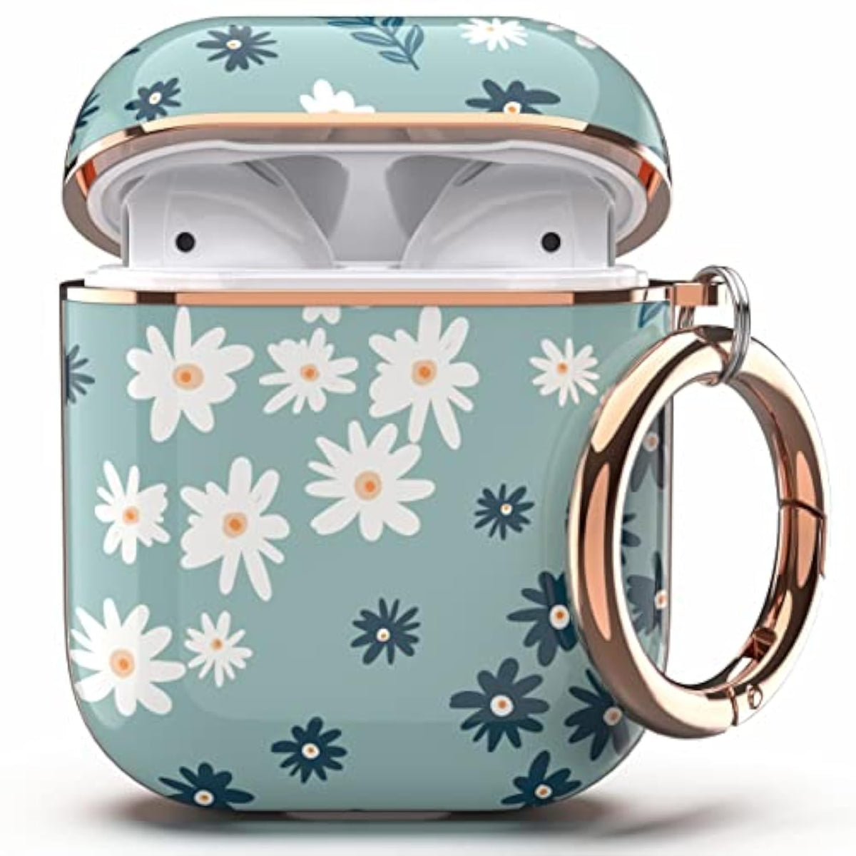 Case Cover For Airpods 1&2, Stylish Airpods Case For Women Girls, Flower Patterns Protective Hard Case With Clip (Cyan)