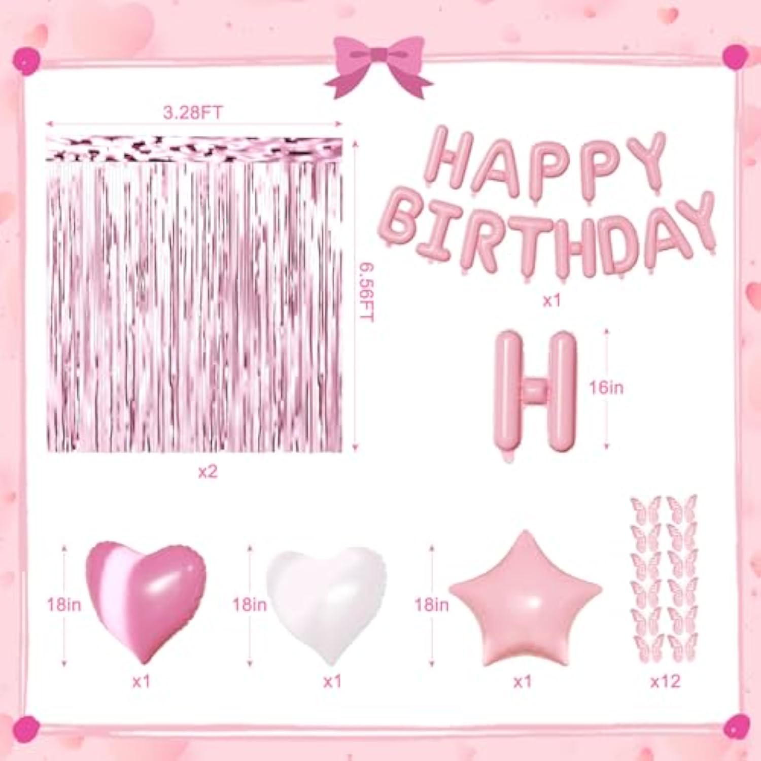 Pink Birthday Decorations For Women Girls, Metallic Pink Pearl White Confetti Foil Balloons Happy Birthday Banner Butterfly Fringe Curtains For Birthday Party Supplies