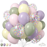 Pastel Balloons, 50Pcs 12 Inches Dusty Mist Green Macaron Purple Pink Yellow Balloon With Confetti Latex Balloons For Baby Shower Birthday Wedding Spring Flower Party Decoration