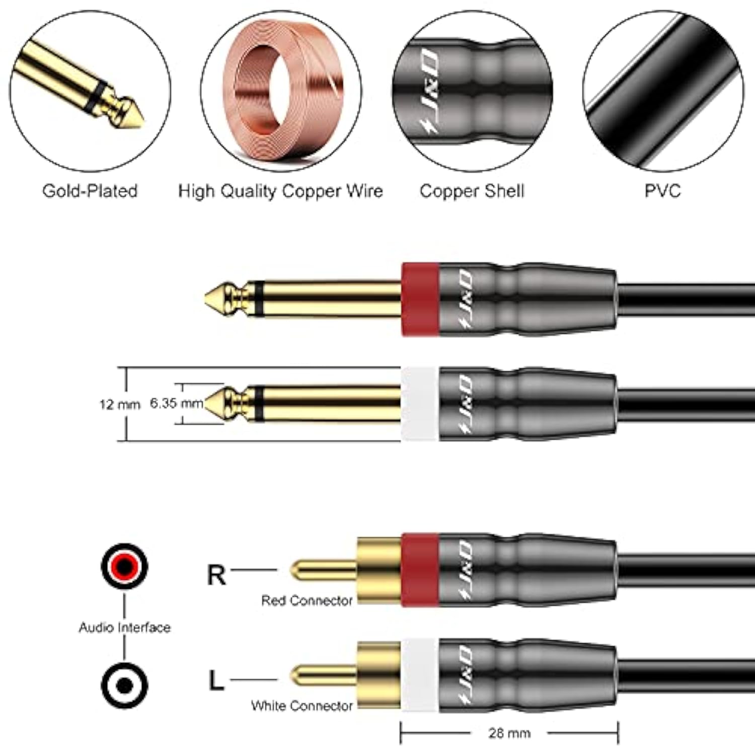 Dual 1/4 Inch Ts To Dual Rca Cable, Heavy Duty 1/4 Male To Rca Male Adapter Stereo Audio Interconnect Quarter Inch Cable, 6 Feet