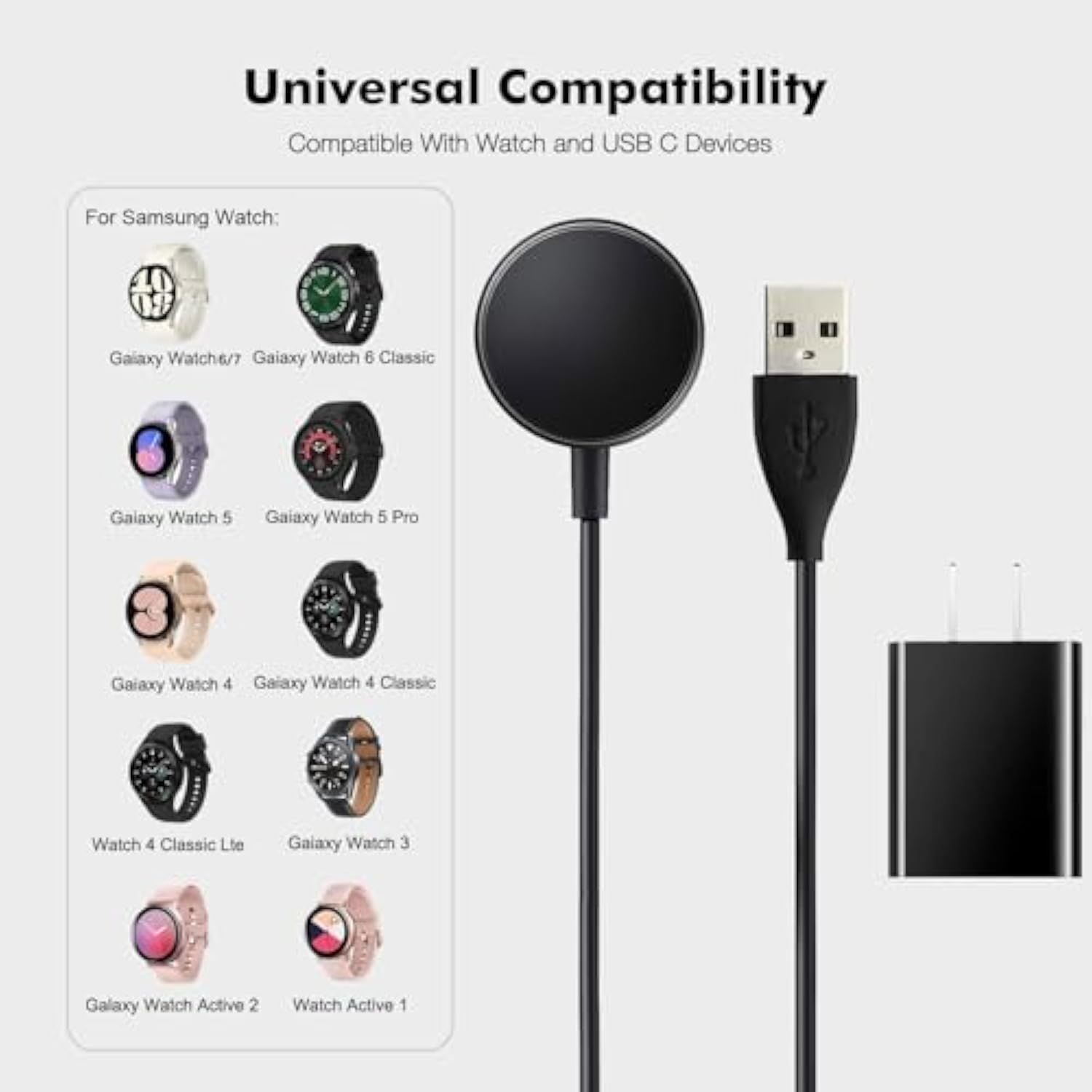 Watch Charging Adapter Compatible For Samsung Galaxy Watch 6/7/Ultra, 6 Classic, 5/5 Pro/4/4 Classic/3/Active 2/Active 1, Magnetic Wall Fast Charger & Cable, Magnetic Wireless Charging Cable 3.3Ft