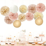 Champagne-Gold White Party-Decorations Paper-Flowers Lanterns - 15Pcs Boho Fall Rustic Tissue Pom Poms Streamers,Wedding Baby Bridal Shower Neutral Autumn Birthday Hanging Supplies Decor