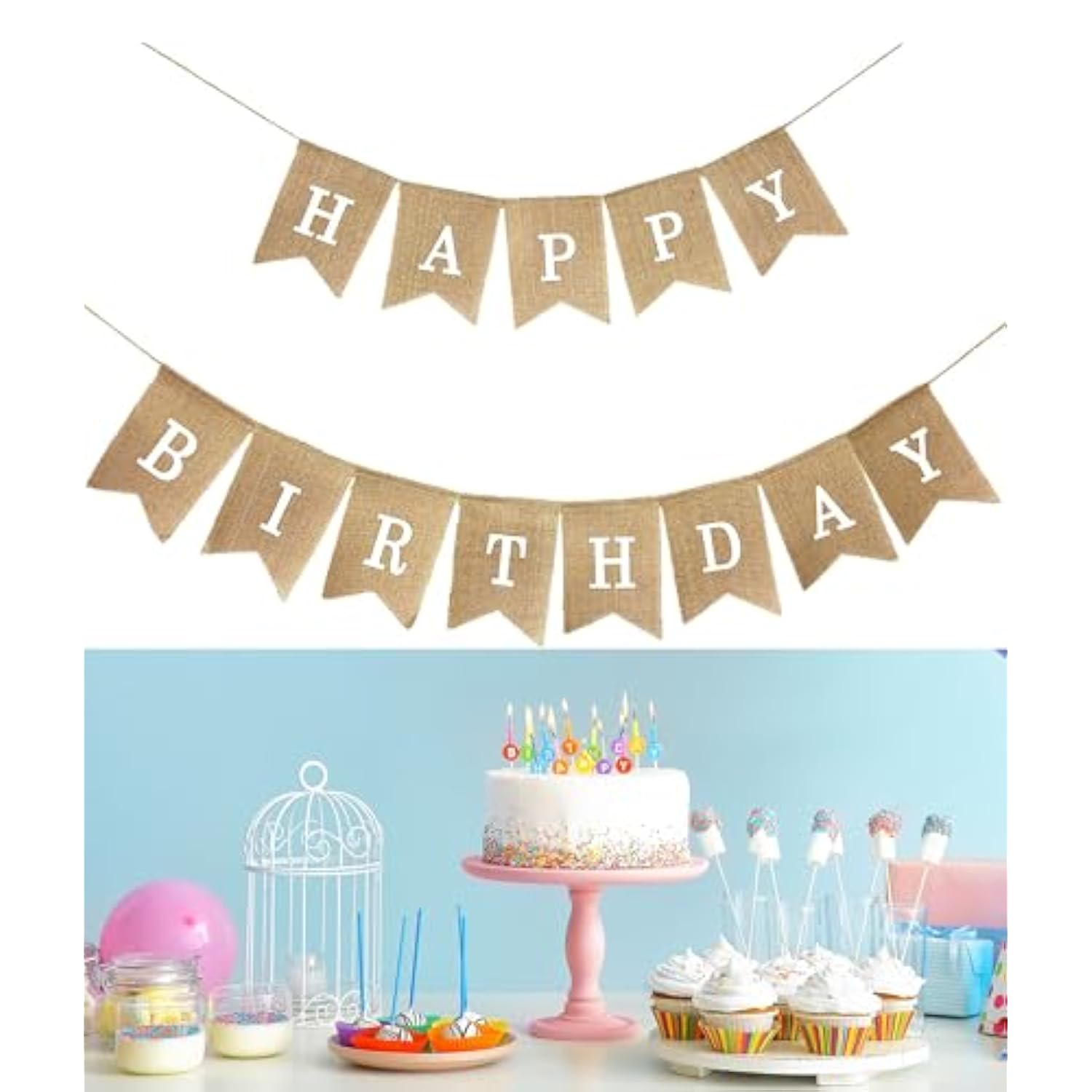 "Happy Birthday" Burlap Banner – Rustic “Happy” And “Birthday” Across Natural Jute Burlap Flags (Approx. 5" × 7") Party Decor With Bold White Print – Over 8?Ft Strand Party Decor For Birthdays, Mantels, & Dessert Tables