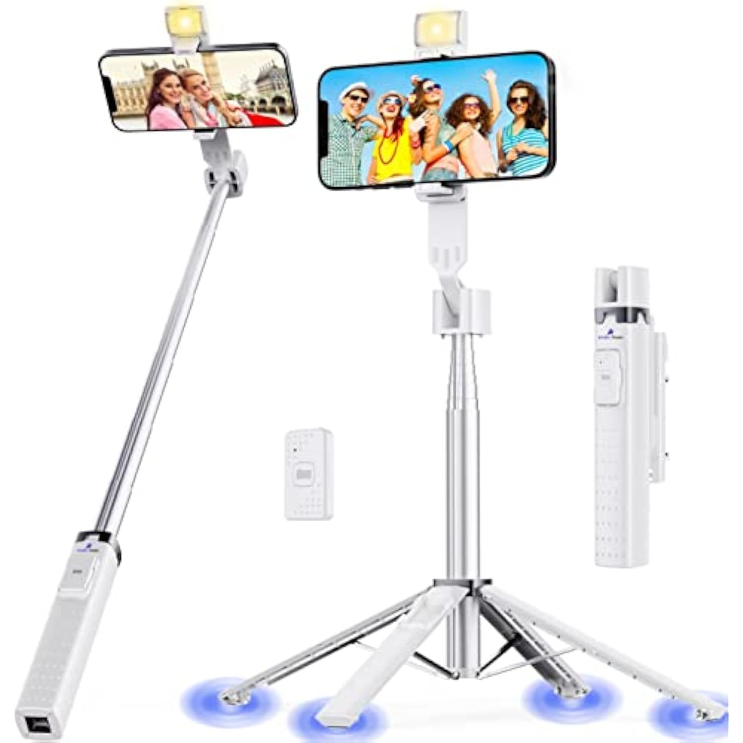 40” Selfie Stick Tripod Quadrapod, Onboard Light, Wireless Bluetooth Remote, Extendable, Stainless Steel, 3 Light Modes, 9 Brightness Levels, Compatible With All Iphone & Android Devices