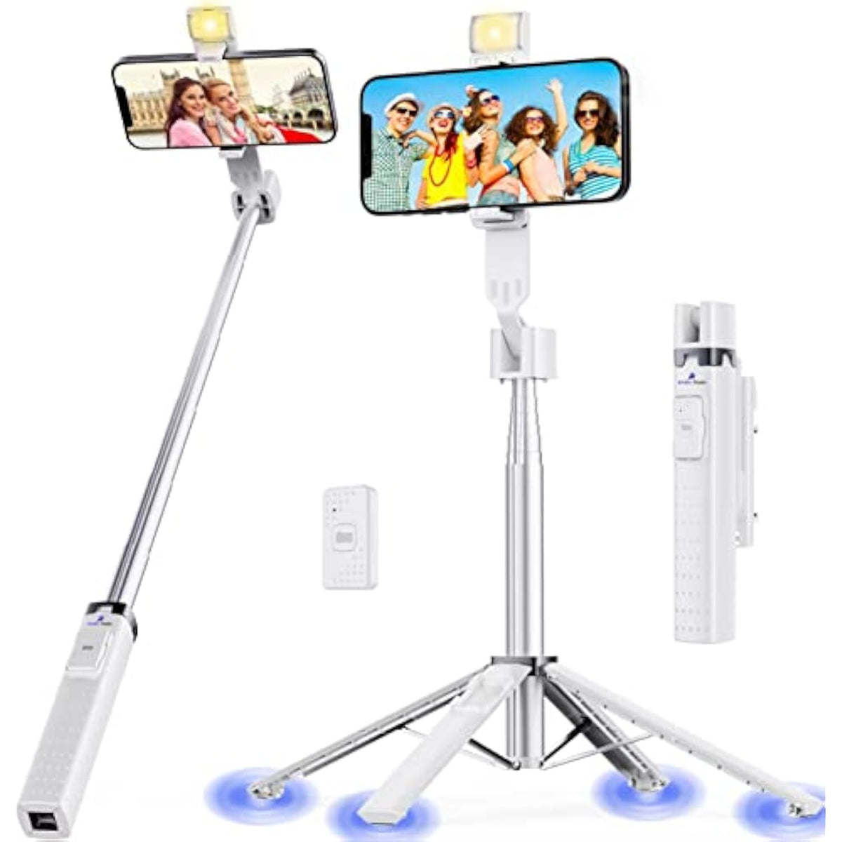 40” Selfie Stick Tripod Quadrapod, Onboard Light, Wireless Bluetooth Remote, Extendable, Stainless Steel, 3 Light Modes, 9 Brightness Levels, Compatible With All Iphone & Android Devices