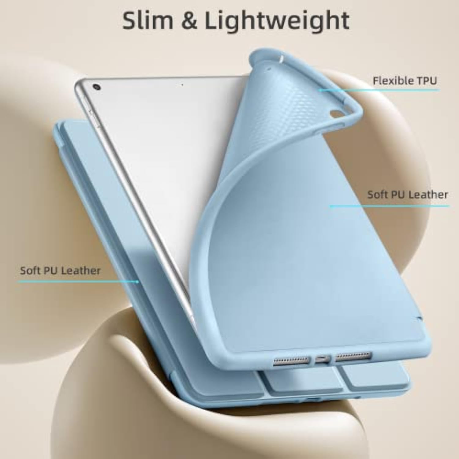 Case Compatible With 10.2 Inch 2021/2020/2019, For 9Th/8Th/7Th Generation Case With Pencil Holder, Protective With Soft Tpu Back, Auto Sleep/Wake Cover, Sky Blue