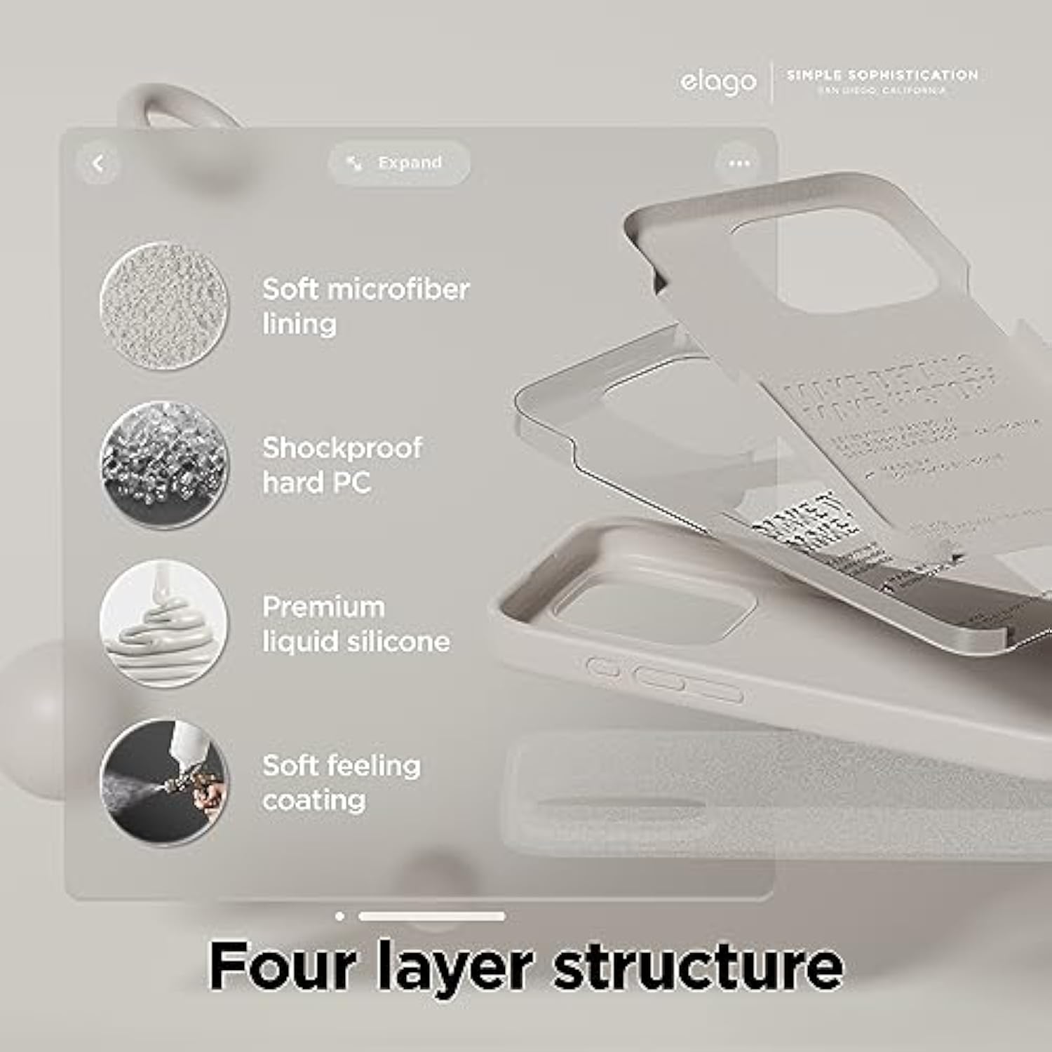 elago Liquid Silicone Case Compatible with iPhone 15 Pro Max, Premium Quality, Full Body Protection Case [4-Layer Shockproof Structure], Soft Microfiber Lining Anti-Scratch (Stone)