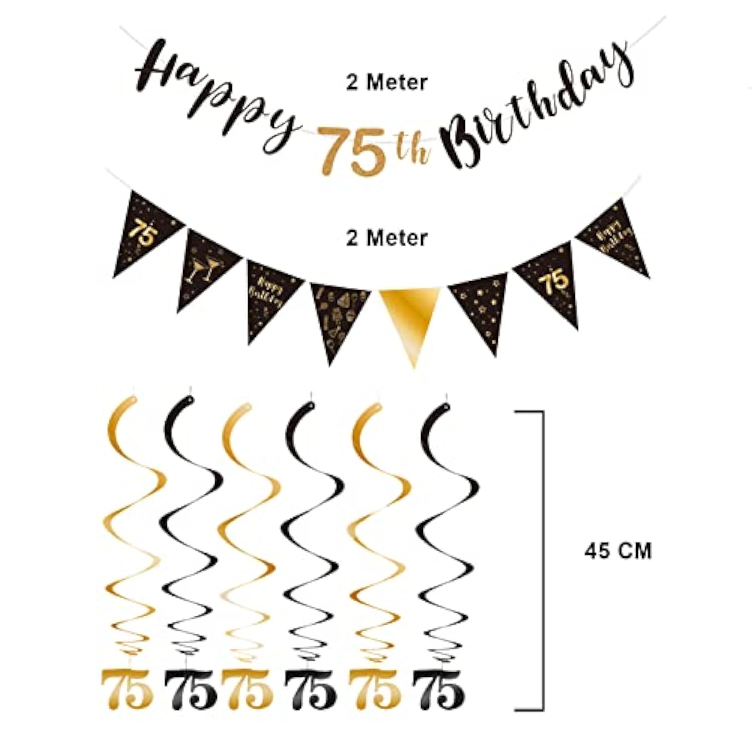 75Th Birthday Decoration Kit Happy 75Th Banner Swirls Streamers Black Gold