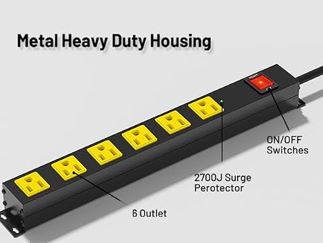 Heavy Duty Metal Surge Protector Power Strip 6 Outlets 2700J 6FT Extension Cord Wall Mount Black