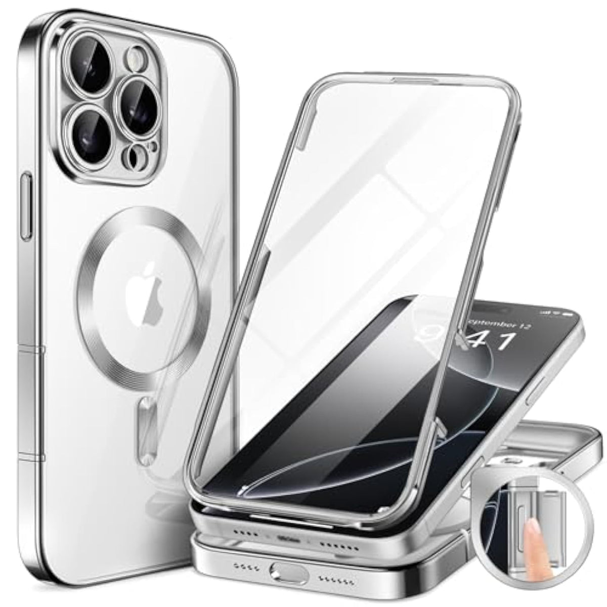 For Iphone 16 Pro Case, Compatible With Magsafe, Built-In 9H Tempered Screen Protector And Camera Protection, Full Body Shockproof Plating Phone Case For 16 Pro 6.3", Silver