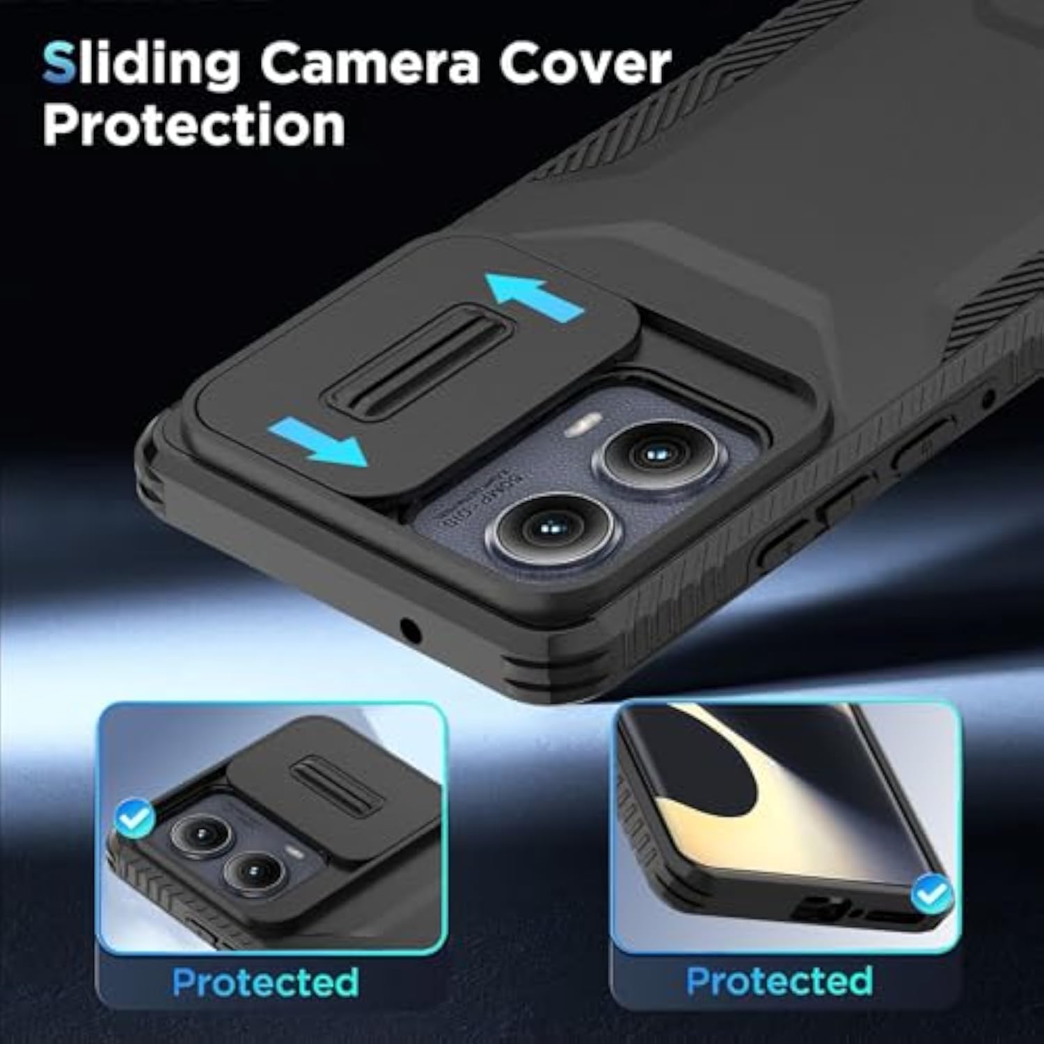 Motorola Moto Edge 2024 Heavy Duty Rugged Shockproof Protective Case with HD Screen Protector and Slide Camera Cover, Dark Black