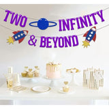 Two Infinity And Beyond Banner, Space Themed 2Nd Birthday Decorations, You'Ve Got A Friend In Me Banner, Light Year Toy Inspired Story 2 Years Old Party Supplies Purple Blue Glitter