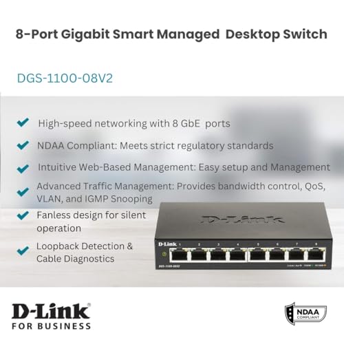 Ethernet Switch, 8 Port Smart Managed Gigabit Desktop Eee Network Internet (Dgs-1100-08V2)