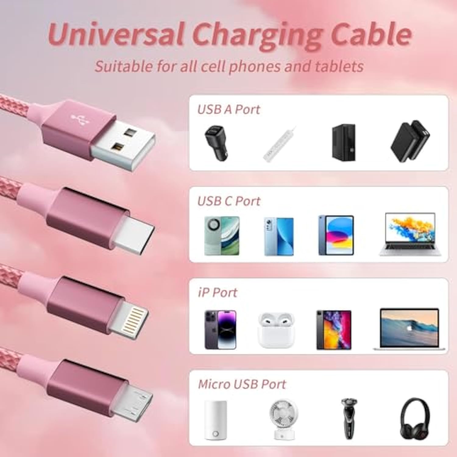 2-Pack 4ft 3-in-1 Nylon Braided USB Charging Cable Type-C Micro iP Universal
