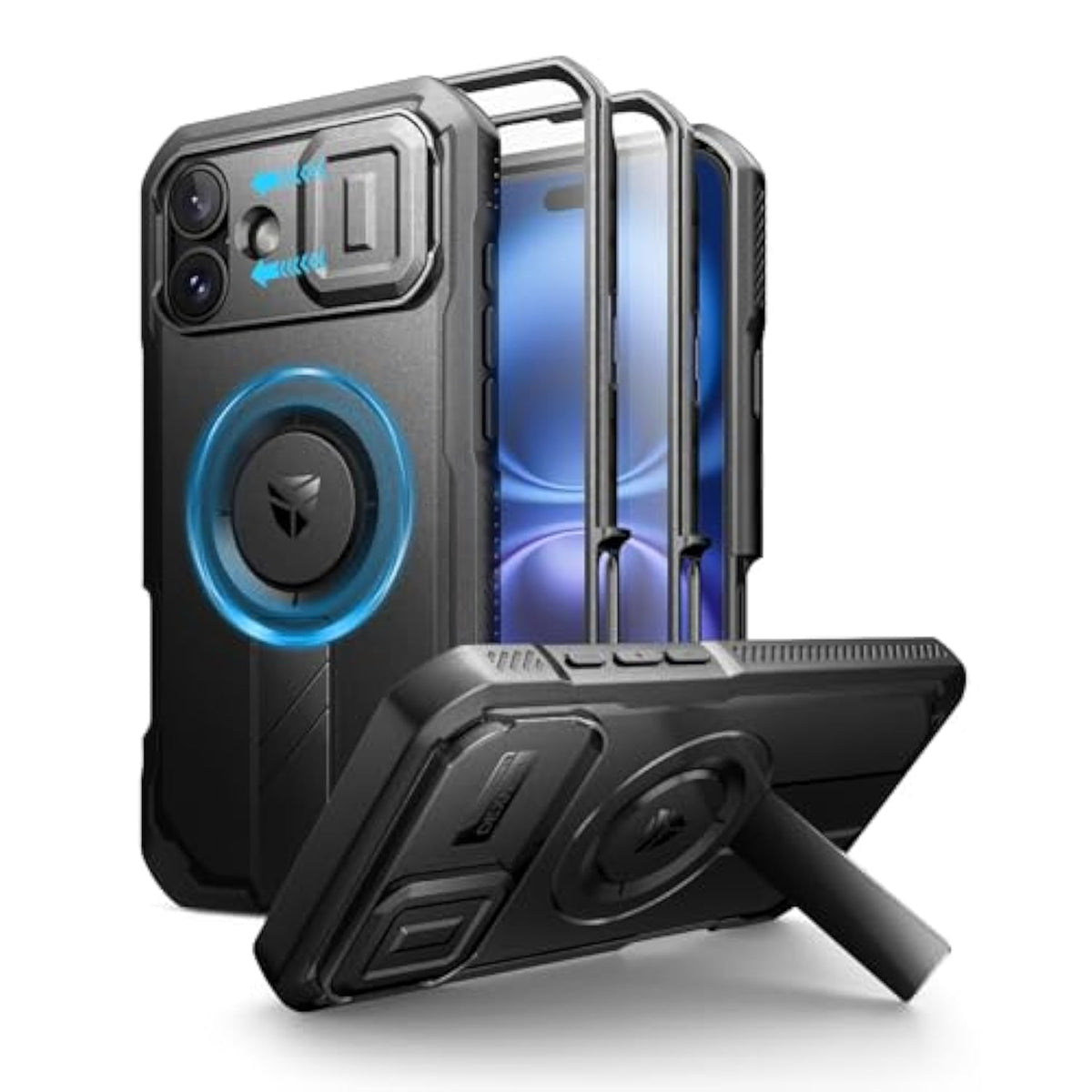 iPhone 16 Plus Case with Slide Camera Cover, Kickstand, Built-in Screen Protector, Black