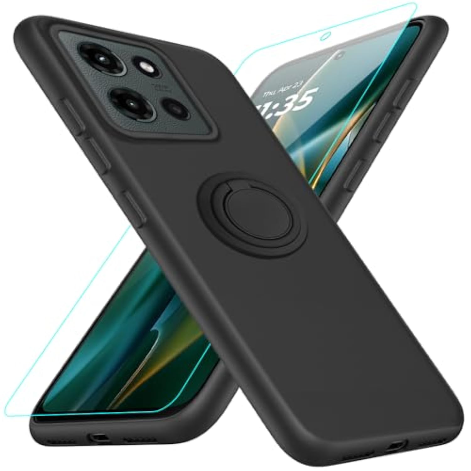 Case For Motorola Moto G 5G 2025 Phone Case With Screen Protector, 360° Rotatable Ring Holder Kickstand/Stand Silicone Tpu Slim Fit Shockproof Protective Cover Case For Moto G 5G 2025 - Black