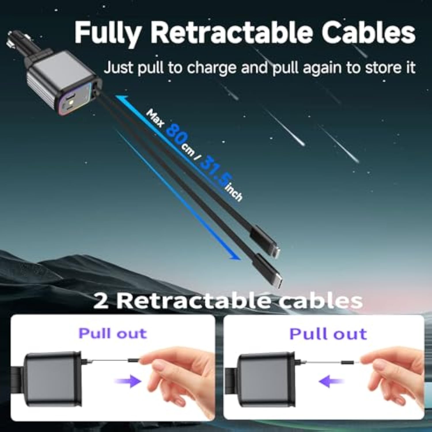 Fast Car Charger With Starlight, 4 In 1 Retractable Car Charger, 69W Usb C Adapter, Cars Accessories With Starlight Roof, 2 Usb Ports Phone Cars Chargers Compatible With Iphone 16 15 14 And Android