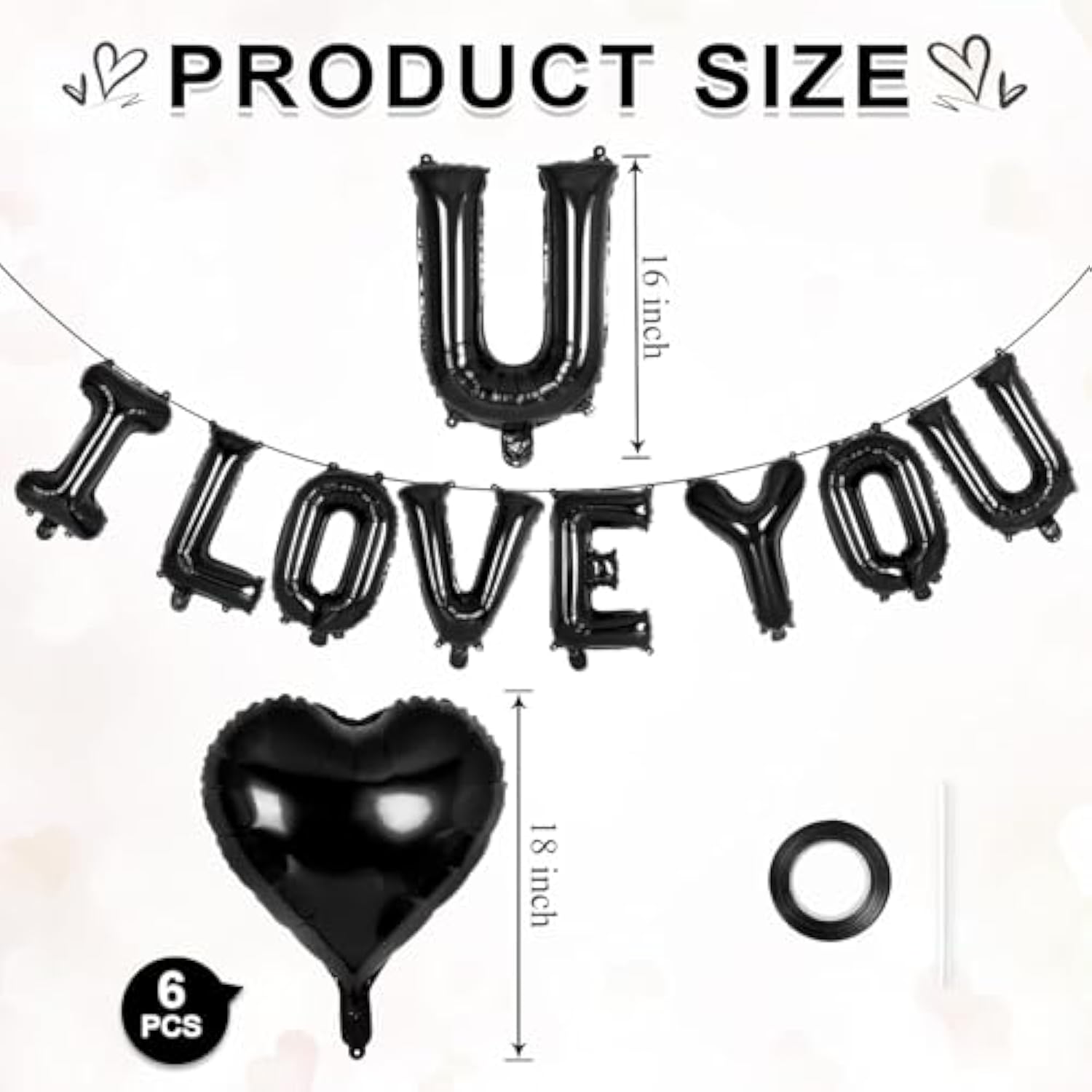 16 Inch Black I Love You Letter Balloons,18 Inch Heart Balloons Valentines Day Balloon, Love Foil Balloon Banner For Valentines Wedding Engagement Galentines Day Bridal Shower Decor