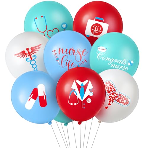 48 Pieces Nurse Balloons 12 Inch, Latex, Red, Blue and White