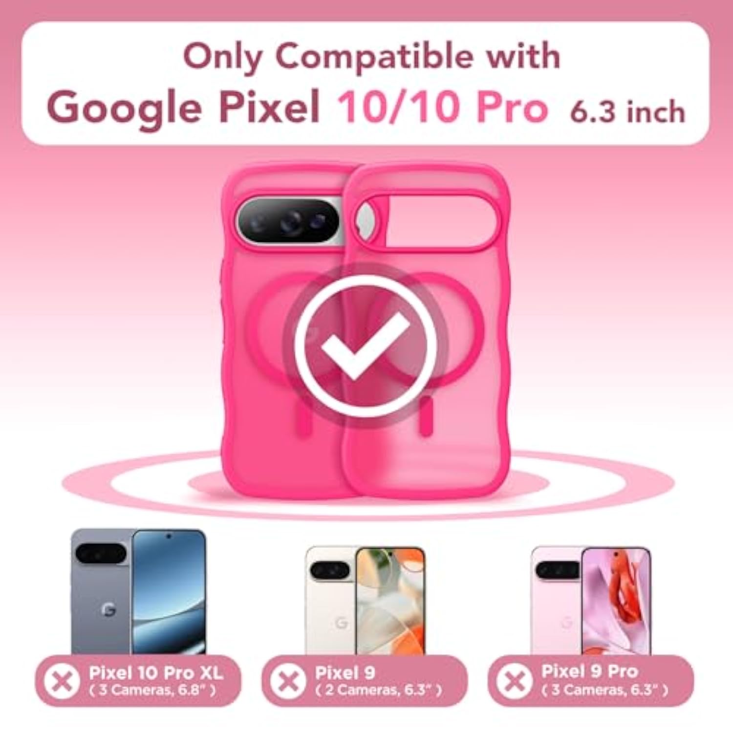 Cute For Pixel 10 Case & Pixel 10 Pro Case, Compatible With Magsafe, [Curly Wave Edge] [Camera Protection] [14 Ft Drop Protection] Magnetic For Pixel 10/10 Pro 6.3 Inch, Hot Pink