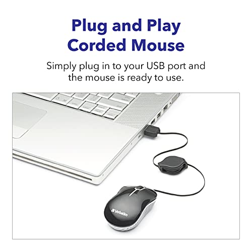 Wired Optical Computer Mini Usb-A Mouse - Plug & Play Corded Small Travel Mouse With Retractable Cable Black 98113