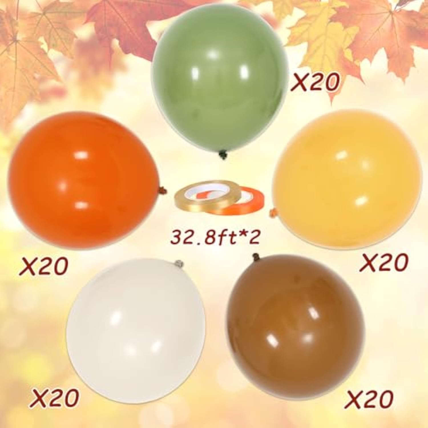 100pcs Fall Thanksgiving Balloons Orange Yellow Green Brown with Ribbons for Autumn Party