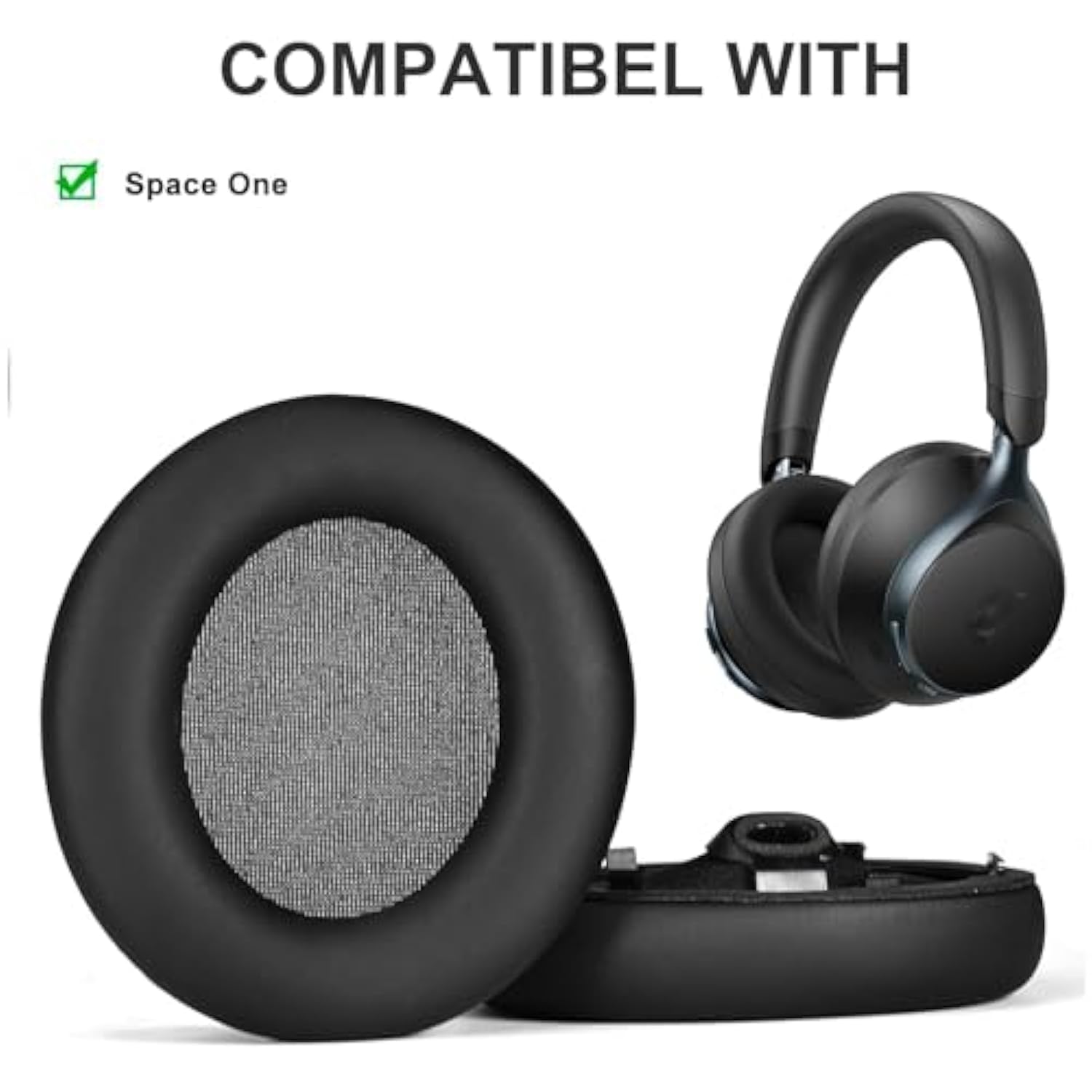 Space One Replacement Ear Pads Soft Protein Leather Ear Cushions Compatible With Anker Space One Headphones Earmuffs High Density Noise Cancelling Memory Foam Earpads Ear Cups (Black)