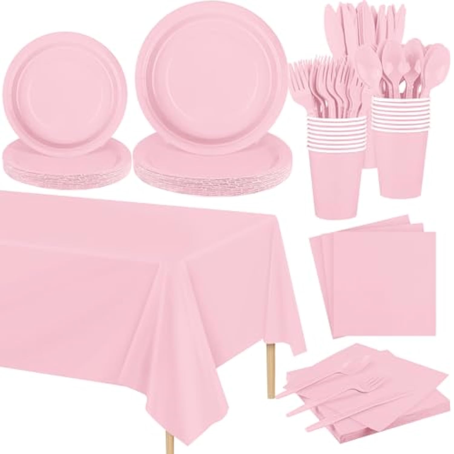 169 Pieces Light Pink Party Supplies Disposable Dinnerware Set Include Plates And Cups Napkins Plastic Forks Knives Spoons Tablecloth For Wedding Birthday Party Decorations, Serve 24 Guests