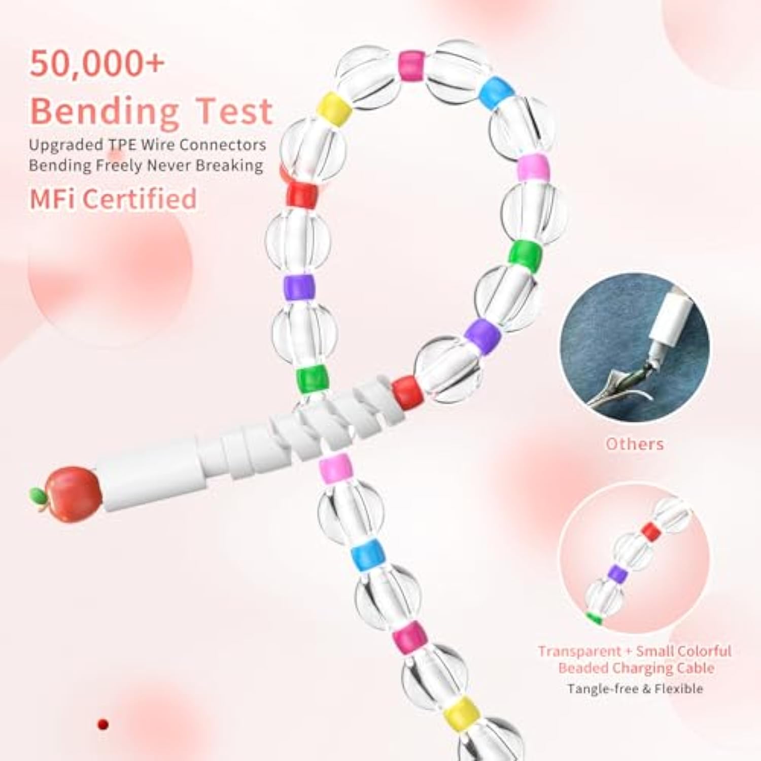 For Iphone Charging Cable 66W Beaded Phone Charger Cable [Mfi Certified] 6.6Ft/2M Long Fast Charger Cord Cute Usb A Charging Cord For Iphone 14 13 12 11 Pro Max 8 Plus For Ipad Pro Transparent
