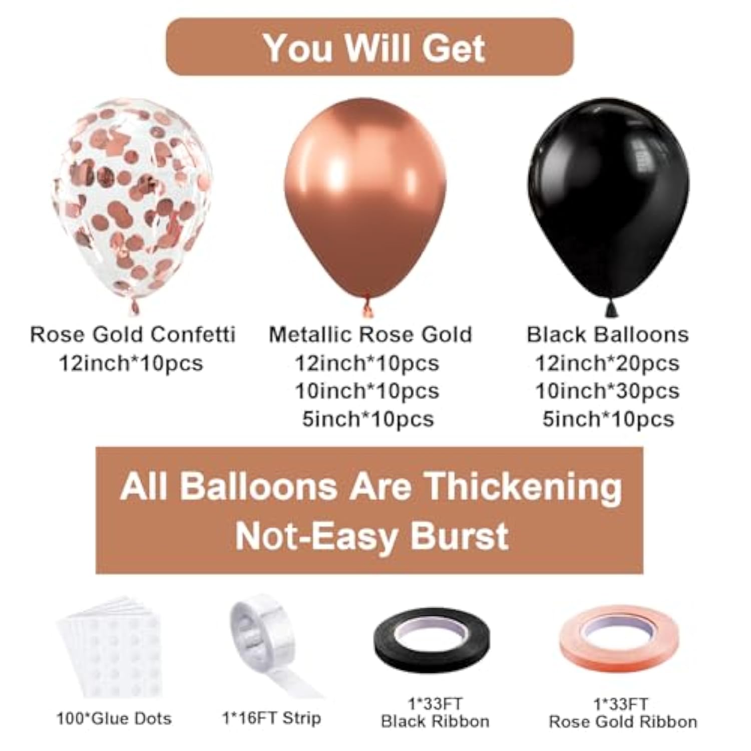 Rose Gold Black Balloons Garland Kit, 100Pcs Metallic Chrome Rose Gold Black And Rose Gold Confetti Balloons Arch For Wedding, Birthday, Graduation, Baby Shower Party Decoration