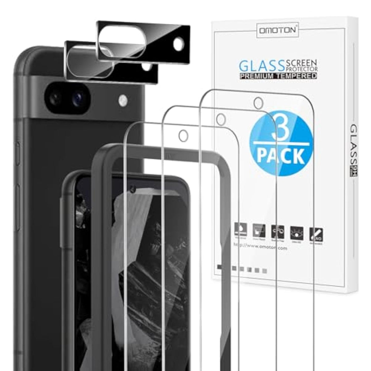 OMOTON 3+2 Pack for Google Pixel 8a Screen Protector, 3 Pack Tempered Glass Screen Protector with 2 Pack Camera Lens Protector for Pixel 8A 2024 Released 6.1 inches, Case Friendly/9H Hardness