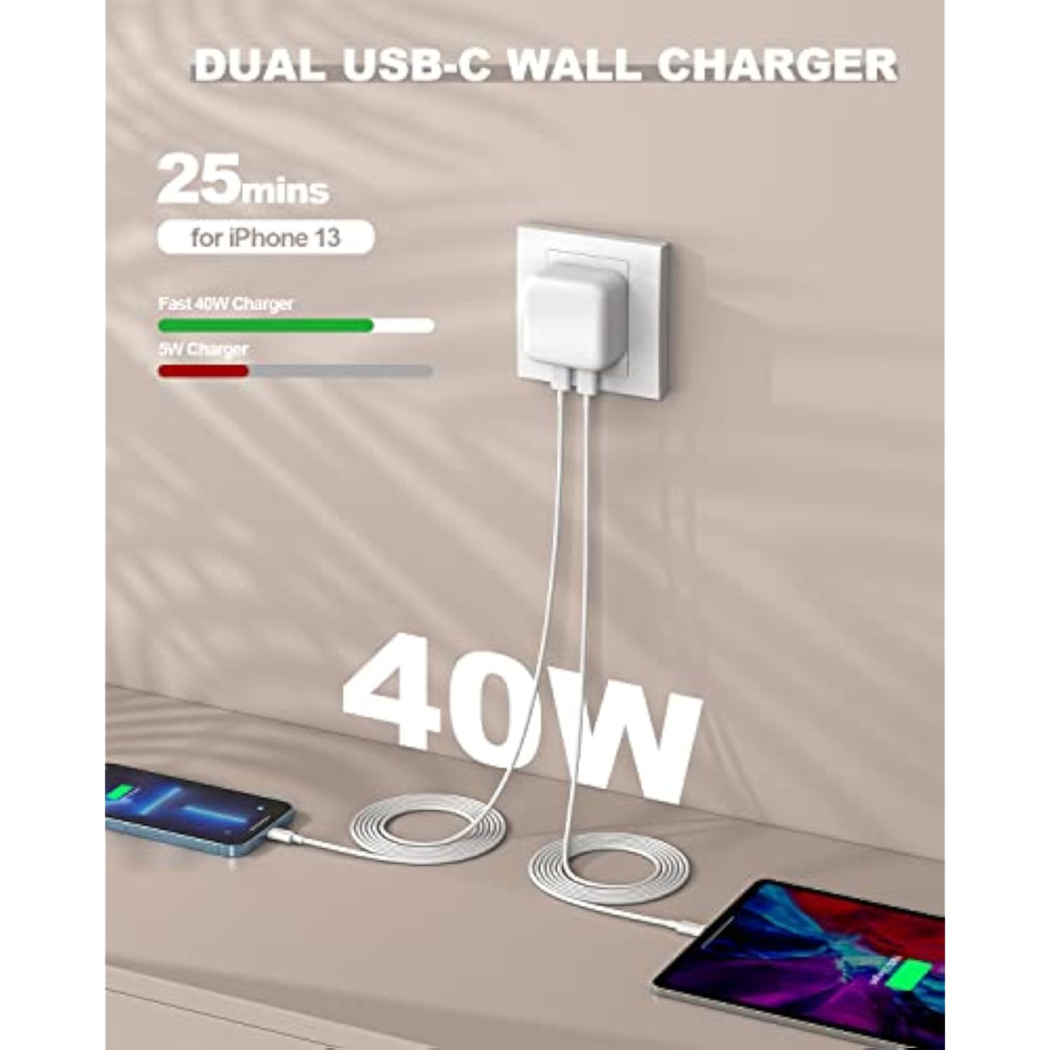 Iphone Fast Charger, 40W Dual Usb-C Quick Wall Charger 10Ft Charging 2Pack 10Ft Extra Long Lightning Cable+Double Port Foldable Usbc Iphone Charger Fast Charging For Iphone 14/13/12/11/Xr/Xs/Se/Ipad